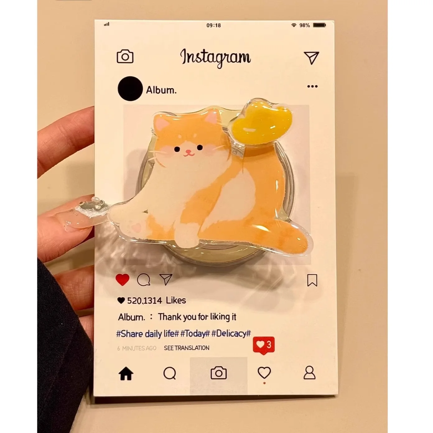 INS風のかわいい漫画風ジンジャーキャットマグネットホルダー グリップトック スマホスタンド iPhone 16 15 14対応 指リングホルダー