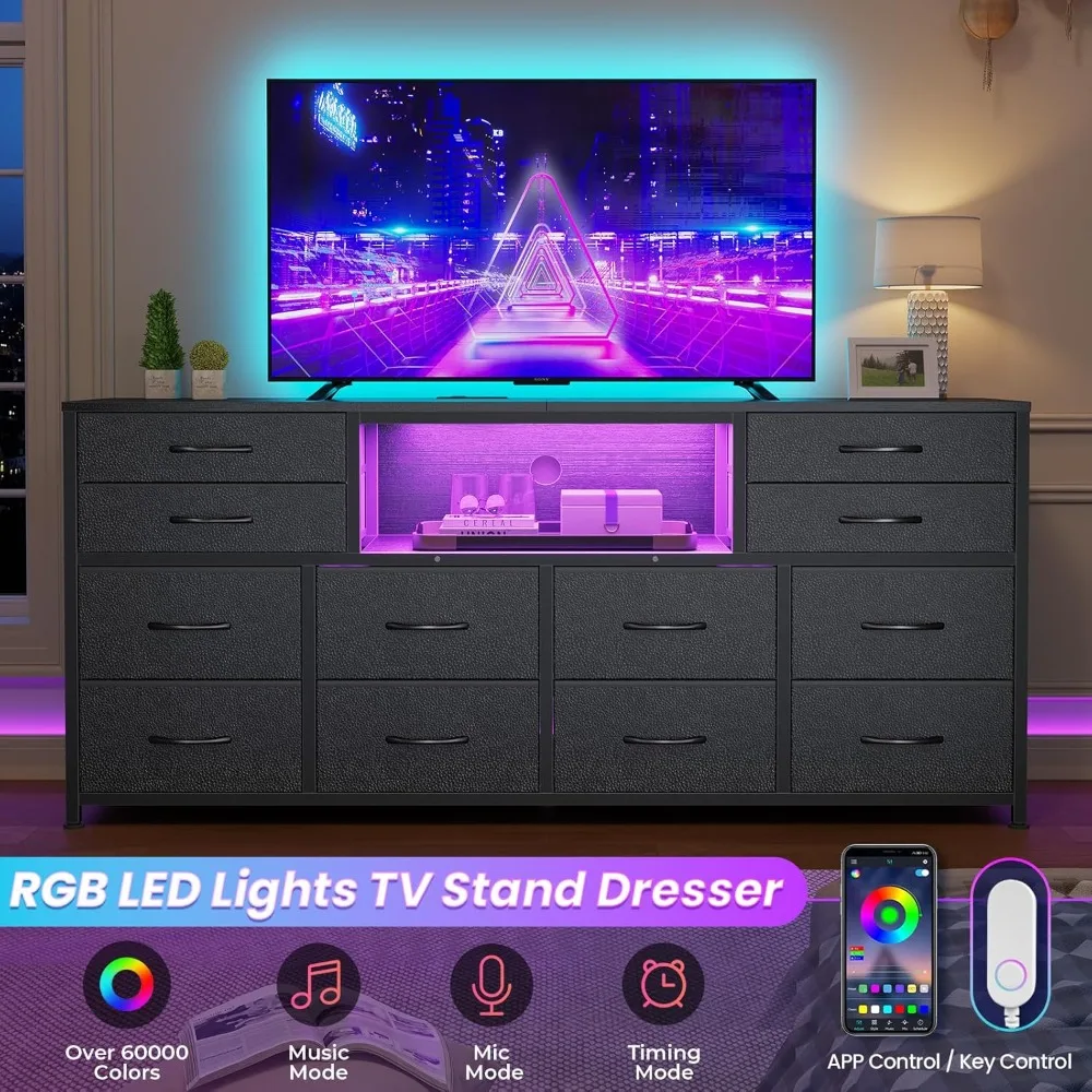 Cômoda de suporte de TV LED para quarto com tomadas elétricas, centro de entretenimento de 55 polegadas com 12 gavetas, mesa de console de mídia