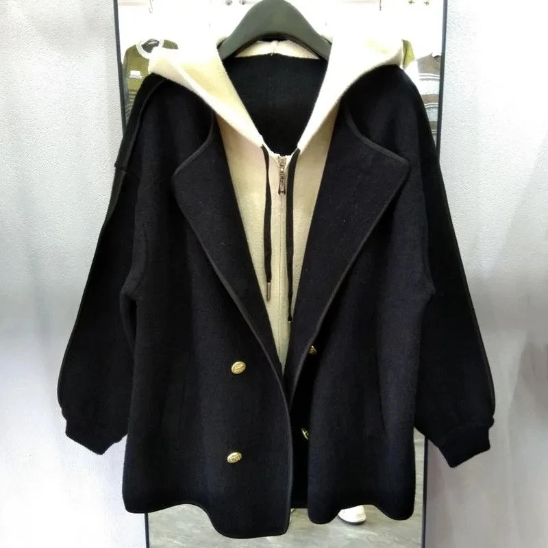 

Female Korean Woolen Double-sided Woolen Hooded Overcoat Jacket Women New Loose Fit Solid Color Hooded Double-sided Woolen Coat