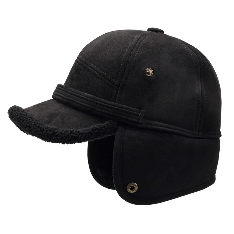 FS Vintage Black Brown Winter Baseball Cap For Men Thick Plush Bomber Hats Outdoor Windproof Women Earflap Hat Bone Masculino