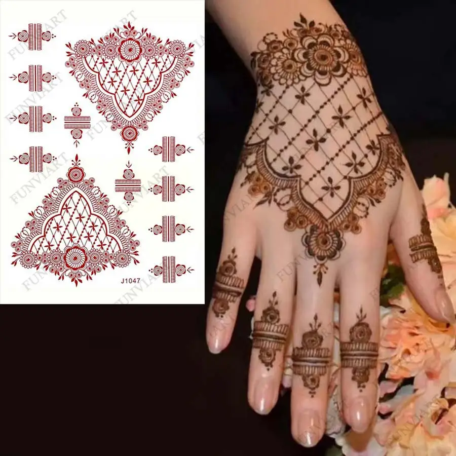 Waterproof Henna Tattoos for Hand Maroon Brown Flower Tattoo Stickers Temporary Fake Tattoo for Women Wedding Tatoo