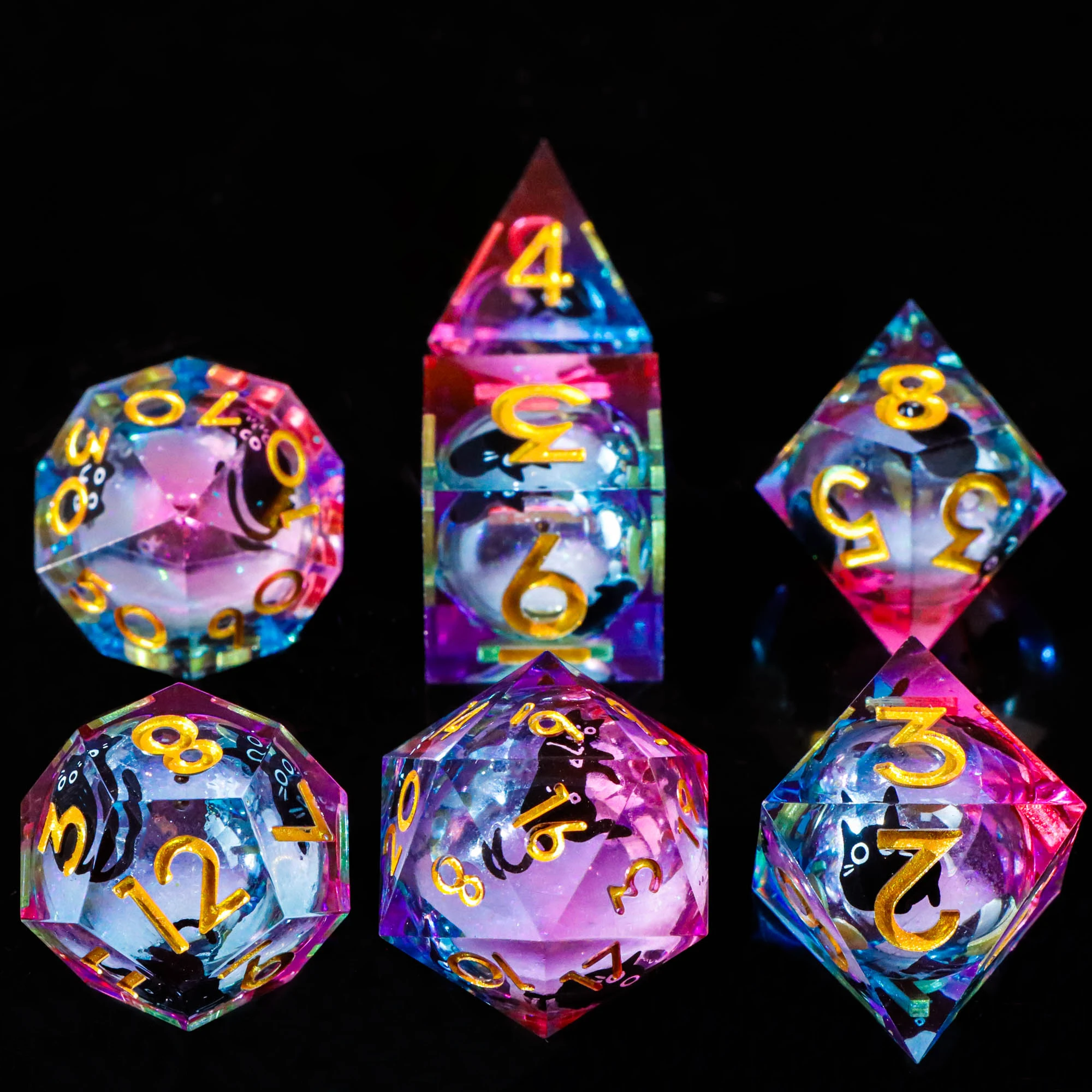 7 قطعة DND مجموعة نرد مع السائل الأساسية لطيف القط تصميم الزنزانات التنين D & D حافة حادة لعب الأدوار مكعبات الألعاب للاعبين