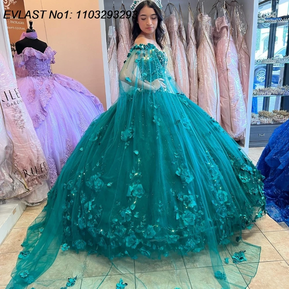 فستان Quinceanera أرجواني مخصص من EVLAST ثوب حفلة ثلاثي الأبعاد مزين بالزهور مطرز بالخرز كيب مشد حلو 16 فيستدو دي 15 أنوس E1Q144