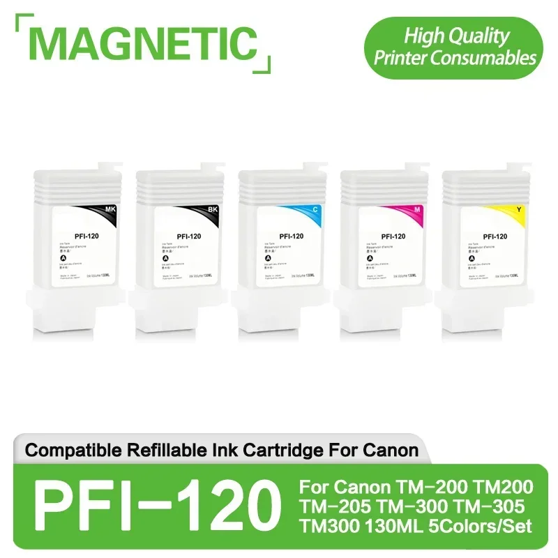 New PFI120 Refillable Ink Cartridge With Permanent Chips For Canon TM-200 TM200 TM-205 TM-300 TM-305 TM300 130ML 5Colors/Set