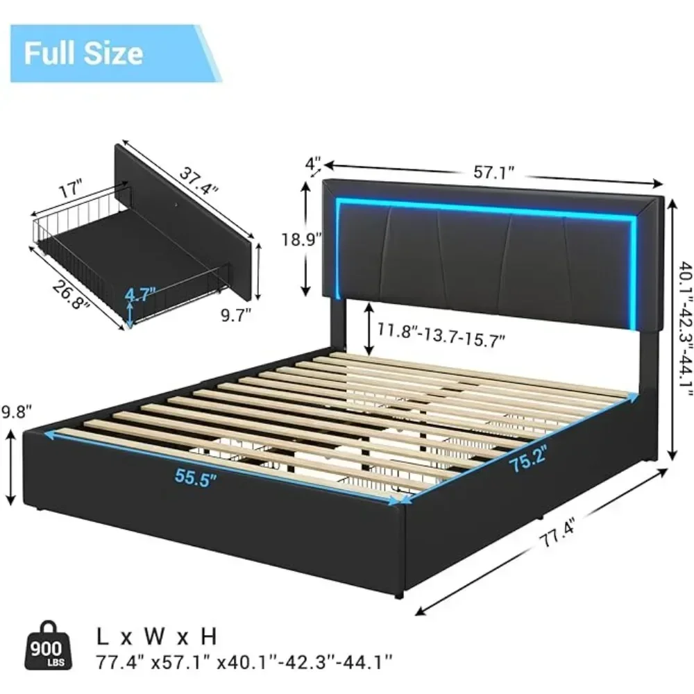 Estructura de cama de tamaño completo con 4 cajones de almacenamiento y plataforma tapizada de piel sintética, con puertos USB y cabecera LED ajustable, color blanco