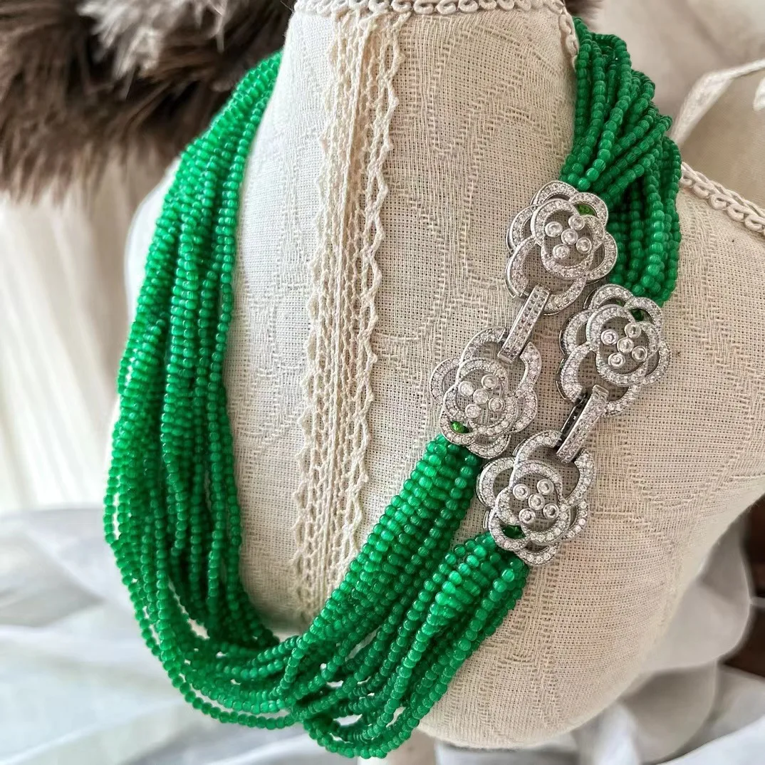 New Vintage Grandmother Green Synthetic Opal Necklace Emperor Green Full Green Clavicle Chain Bracelet Fringed Earrings set