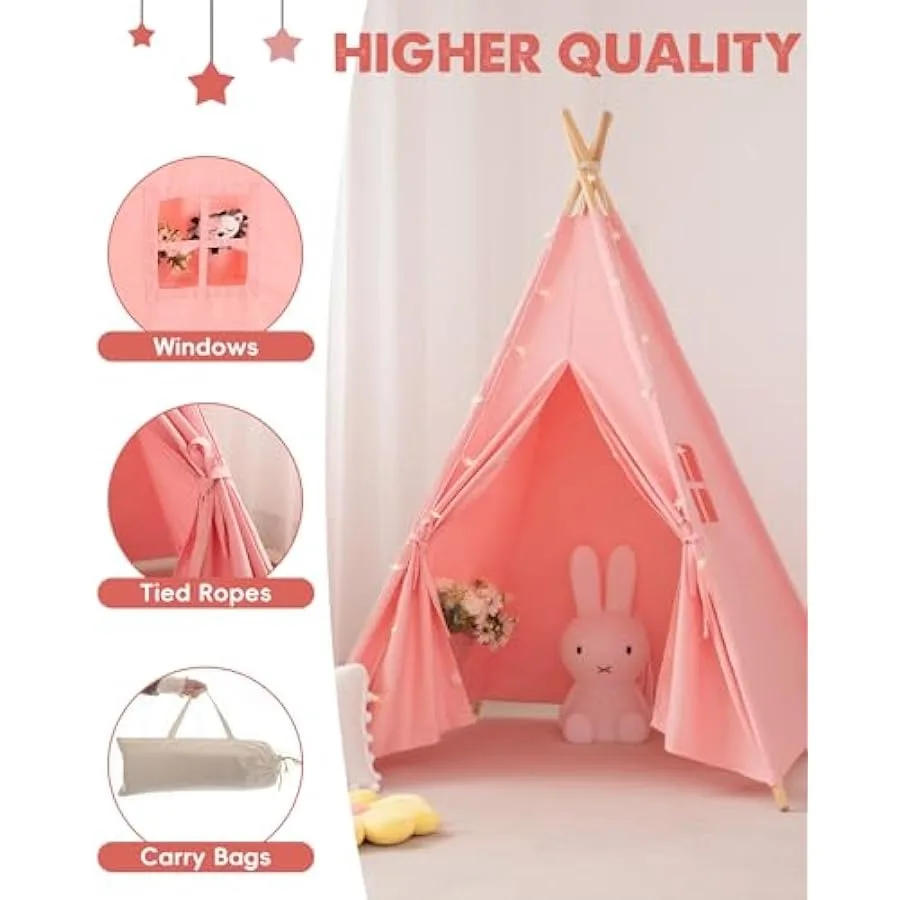 Teepee Tent with Lights and Carry Bag Natural Cotton Canvas Toddler Play Tent for Girls and Boys Washable Foldable Indoor Outdo