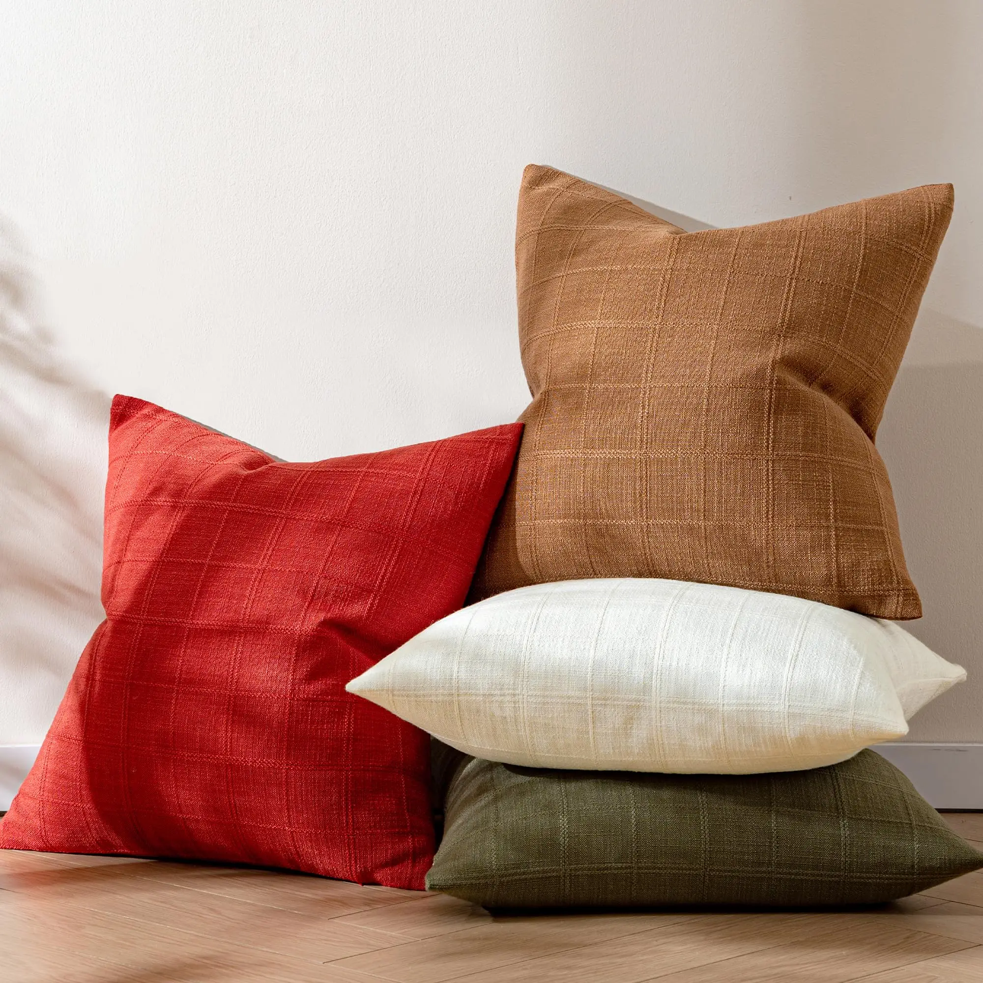 Linen Pillow Covers Decorative Plaid Throw Pillow Covers 45x45CM Boho Cushion Soft Neutral Farmhouse Vintage Cozy Home Decor