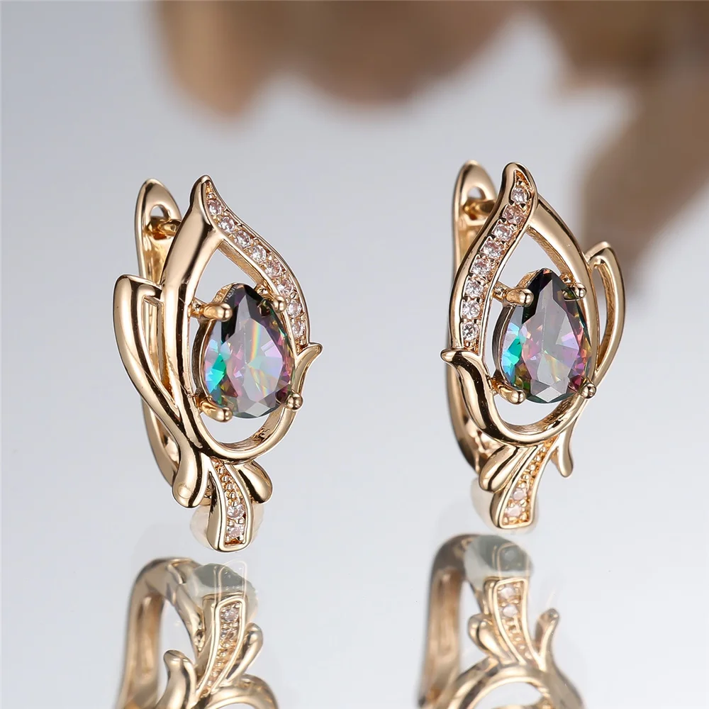 Charmante Damen-Ohrhänger mit kleinen ovalen Regenbogen-Zirkonsteinen, Vintage-Mode, goldfarben, Hochzeitsschmuck für Frauen