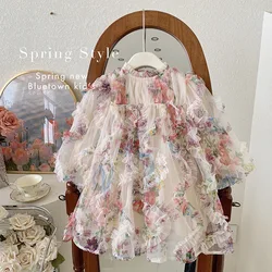 Baby Girls Dress Fashion Sweet Puff Sleeves Floral Fairy 2025 Spring New Korean Style Kids Girls Princess Dress
