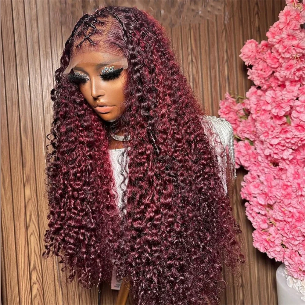 طويل 26 بوصة 180 الكثافة لينة بورجوندي غريب مجعد قبل قطعها غلويليس الاصطناعية 13x4 الدانتيل شعر مستعار أمامي شعر الطفل الاستخدام اليومي #5