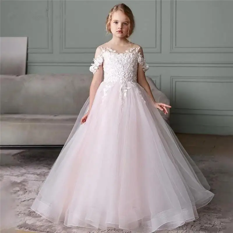 

Light Pink Flower Girl Dress Tulle Lace First Communion Dress Vestido De Comunion Kids Birthday Party Gowns Pageant Dress
