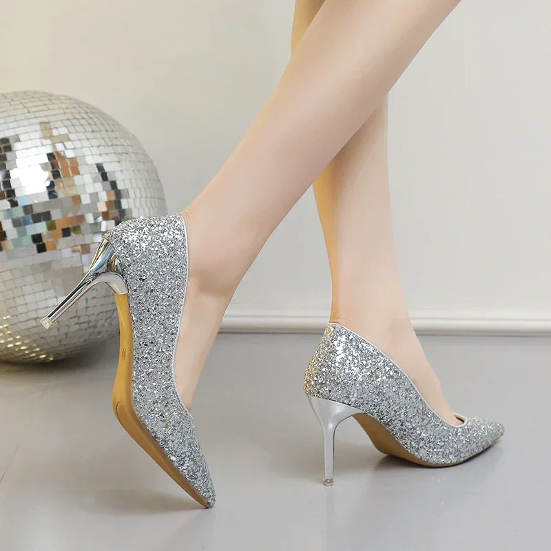 Fashion High Heels Women Sequins Thin Stiletto Banquet Wedding Shoes 2024 New Autumn /Winter Sexy Pointed Toe Ladies Party Shoes