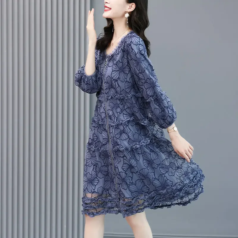 Spring Dress Casual Women's 2023 New Noble Dress Large Size Heavy Anti-embroidery Broad Wife Age-proof Slim O Neck Dress