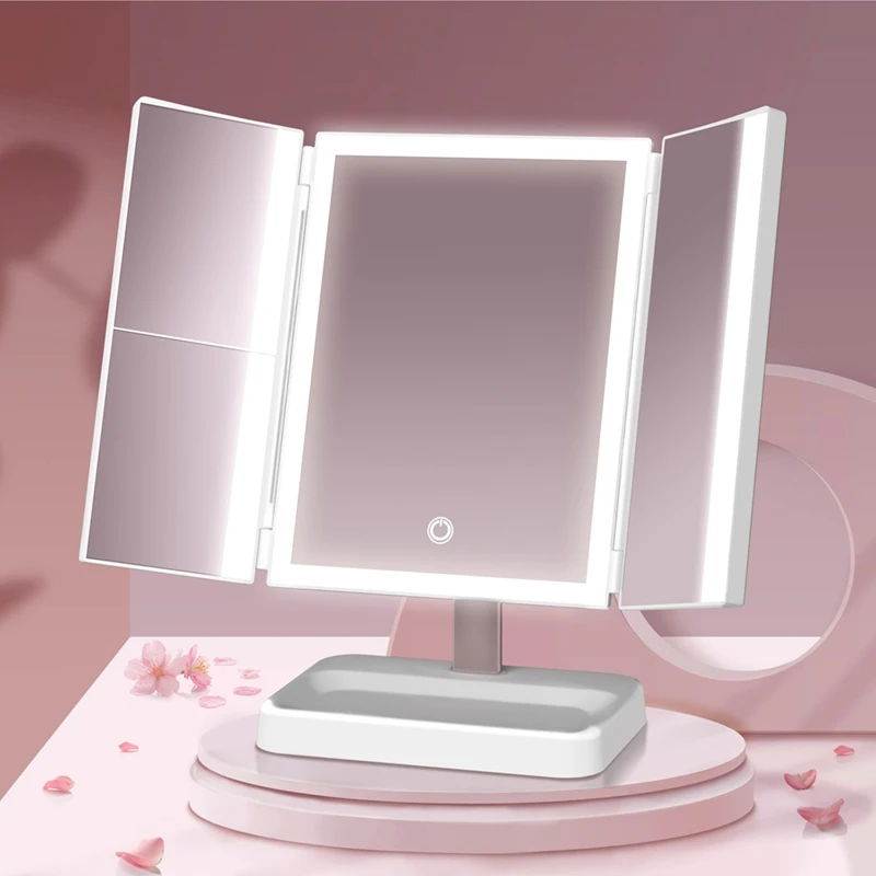 مرآة مكياج محمولة للسفر بإضاءة LED، مرآة مستحضرات تجميل ثلاثية الطي قابلة لإعادة الشحن مع 78 مصباح LED، تحكم باللمس