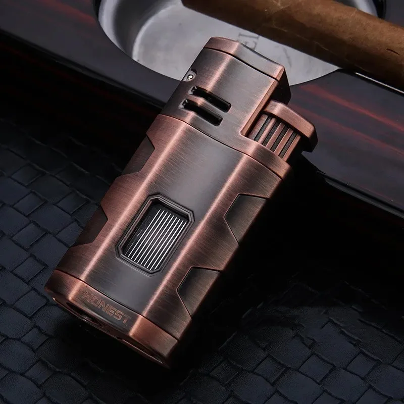 HONEST Metal Cigar Lighter Windproof Triple Jet Flame Torch Lighter with Cigar Puncher Butane Refillable Gas Lighter for Men