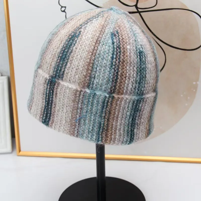 Gradient Tie Dye Dyed Yarn Beanie, Retro Striped Knitted Cold Weather Hat, Warm Headwrap Cap, Women Versatile Hat for Daily