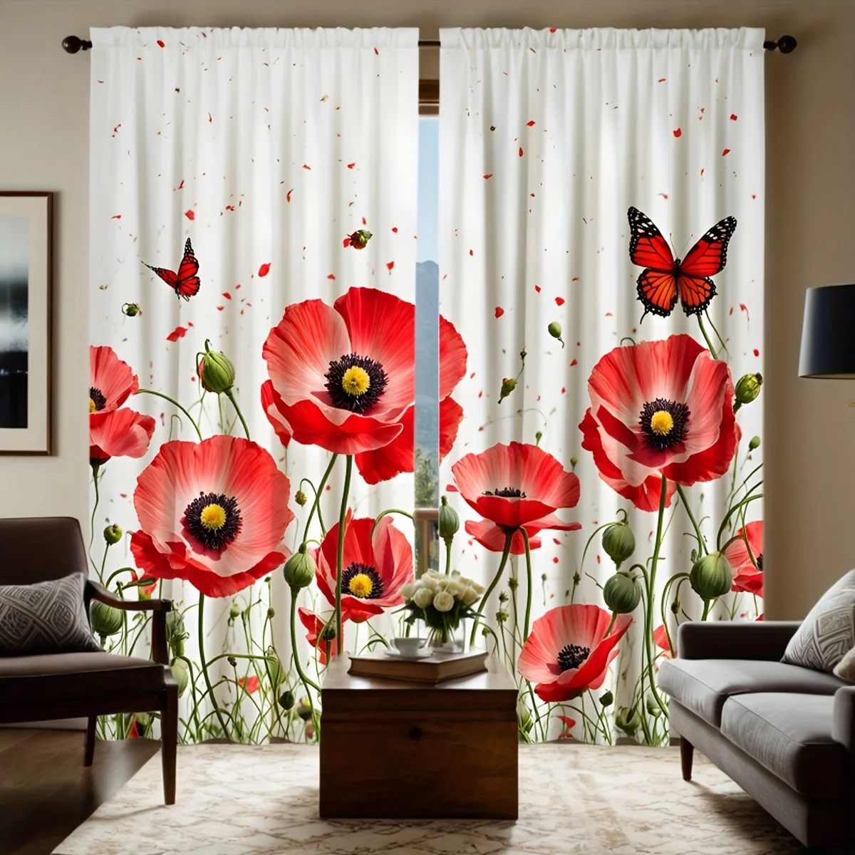 Red Poppy Curtains 2pcs – Realistic Flower & Butterfly Print, Romantic Garden Decor for Living Room and Bedroom