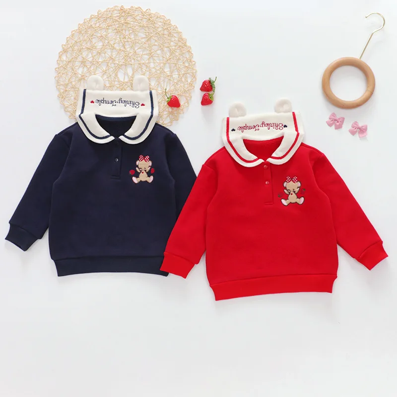 Winter  Girl\'s Hoodies Cartoon Navy Collar Sweatshirts Plush Long Sleeved Sweater Baby Girl Clothes Kids Clothes Girls Sudaderas