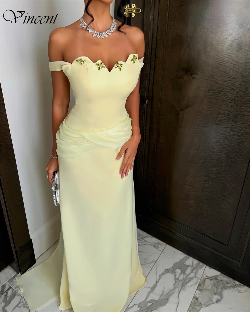 Элегантное светло-желтое вечернее платье из джерси по индивидуальному заказу, классические вечерние платья с открытыми плечами, блестящее платье для выпускного вечера с кристаллами для женщин
