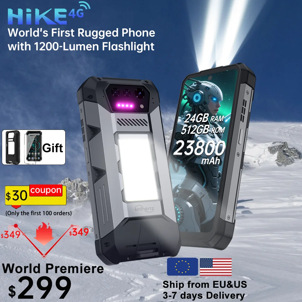 Unihertz Hike 8849 Rugged Smartphone Android 14 with 1200 Lumen 200 Meter Flashlight 23800mAh 12GB+512GB G200 CPU Dual Speaker
