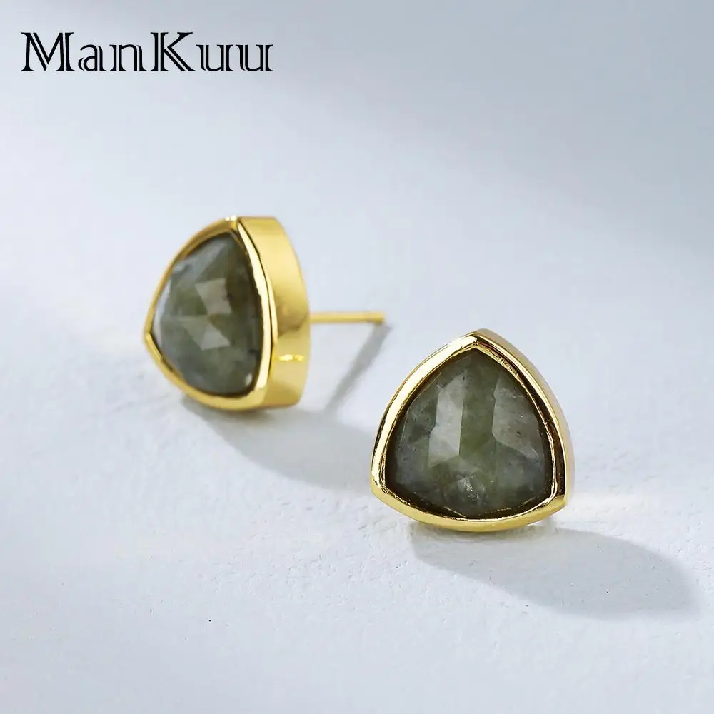 mankuu fashion gold plated natural healing crystal stone cut triangular labradorite gemstone earrings studs women jewelry