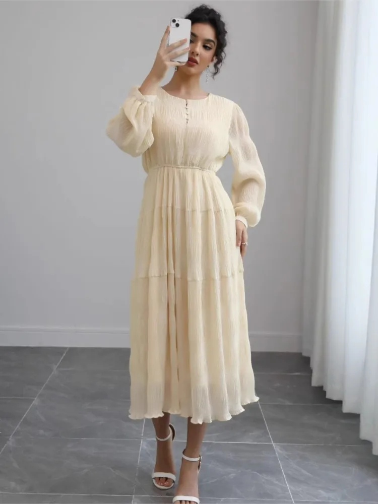 

Elegant French Puff Sleeve Dress For Women 2026 New Autumn Gentle Style High-end Spring And Autumn Tea Break Fashion Long Dress