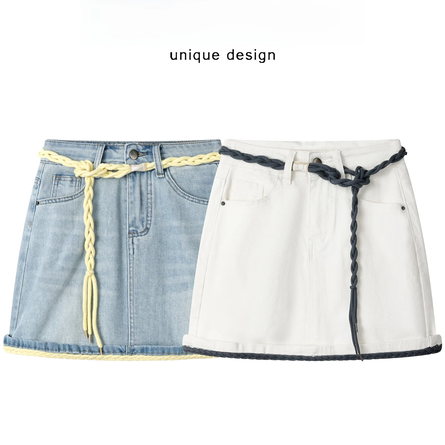 Dżinsowa spódnica z wysokim stanem i skręconym paskiem, słodka koreańska spódniczka dla młodych kobiet, moda wiosna-lato.