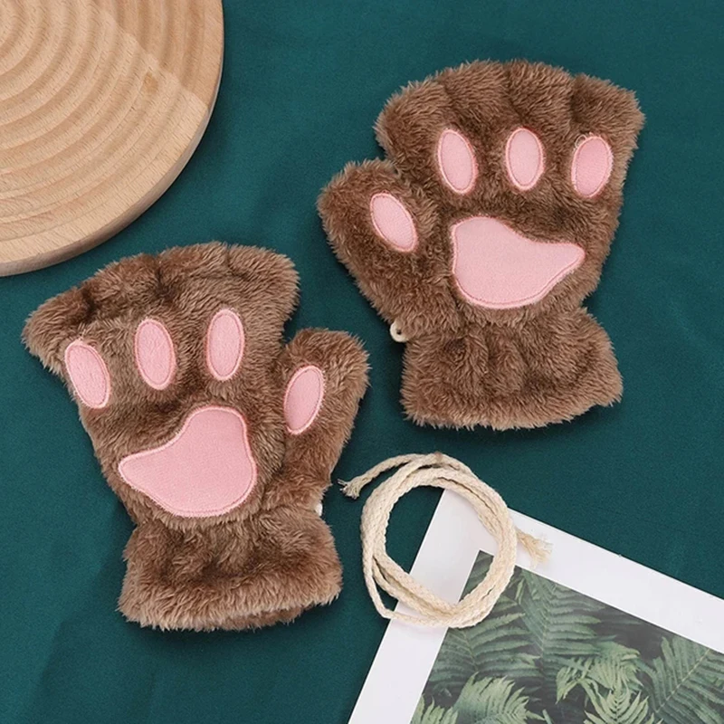 Rimiut Cartoon Cat Claw Gloves for Women Girls Thickened Plush Lovely Style Bear Paw Exposed Fingers Half Finger Winter Gloves