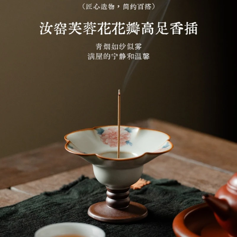 Ru Ware Hibiscus Flower Incense Holder & Ceramic Burner Base, Aromatherapy Tray for Stick Incense, Home Zen Decor Gift.