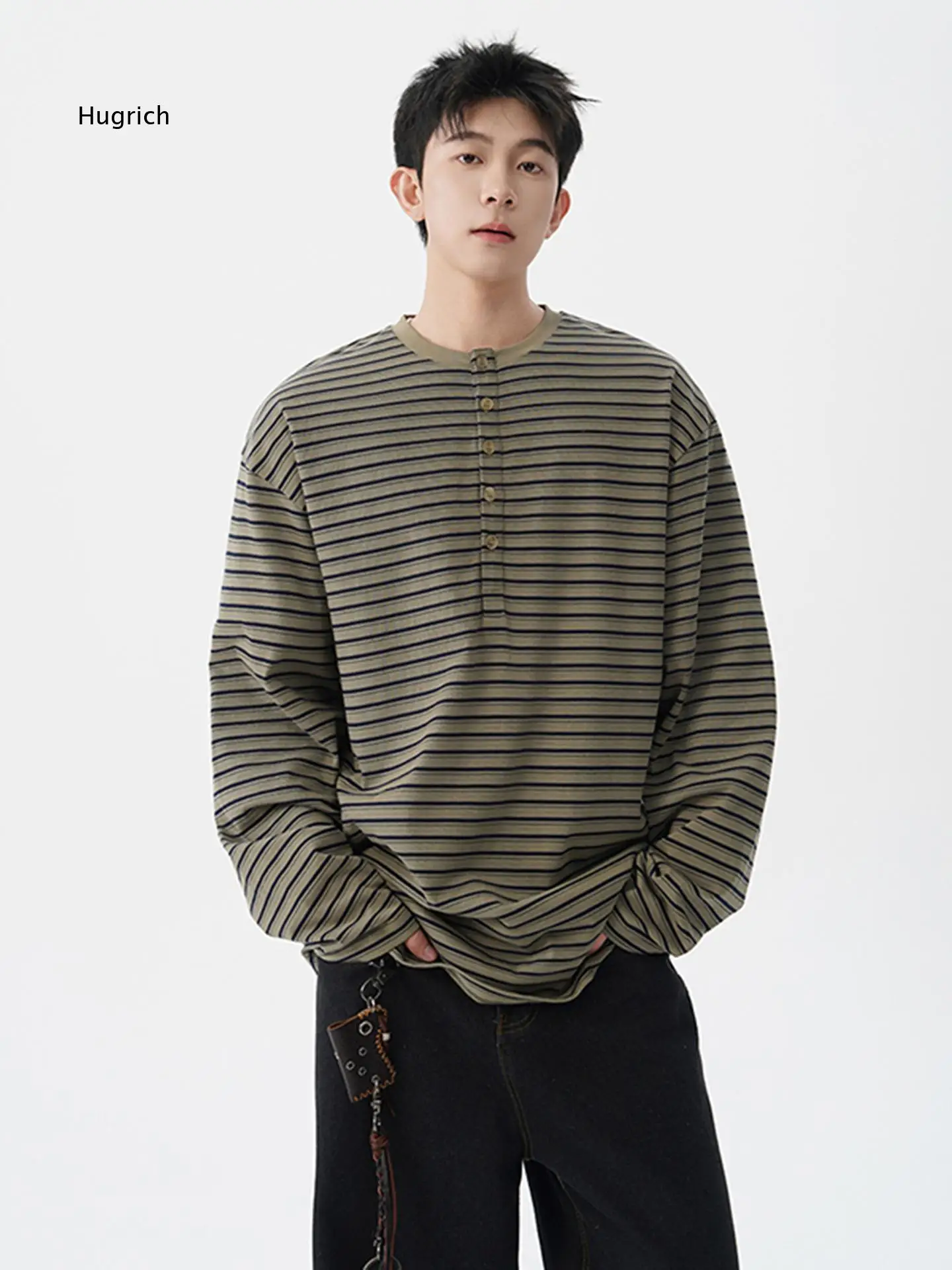 Mens Henley Neck Striped Long Sleeve T Shirt American Retro Loose Relaxed Fit Base Top For Spring Autumn Inner Layering And Cas