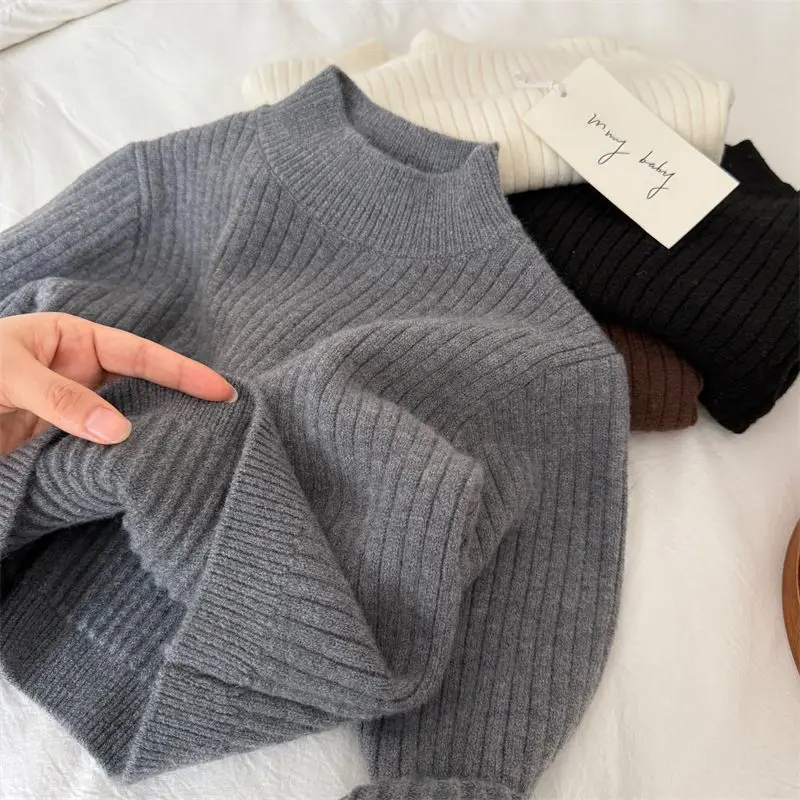 

UNITIM Toddler Kids Boys Sweater Solid Color Thicken Warm Little Girls Knitwear New Winter Round Neck Infant Baby Girl Pullovers