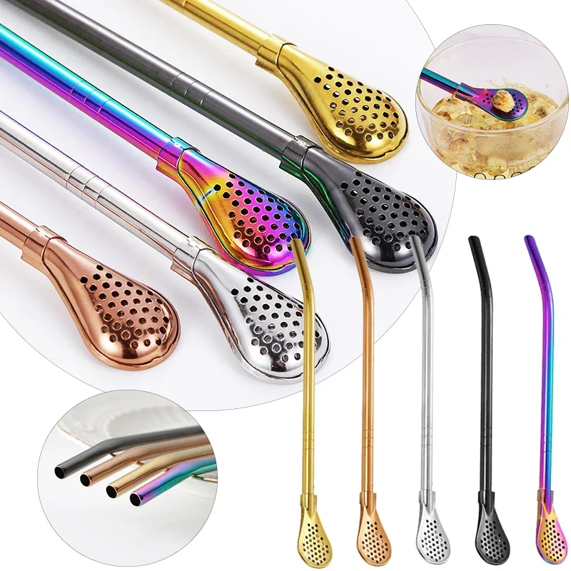 

304 Stainless Steel Straw with Colander Reusable BJuice Cocktail Convenient with Cleaning Brush Home Kitchen Bar Accessories