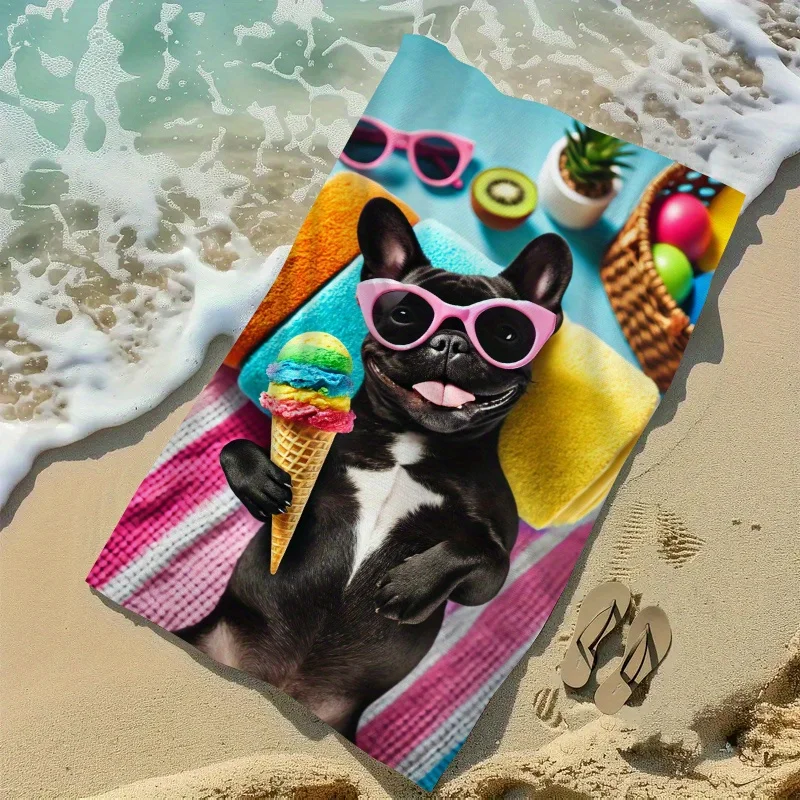 1pc Vibrant Beach Towel with Playful Pug Rainbow Ice Cream Design - Durable Quick-Dry Absorbent Washable Polyester