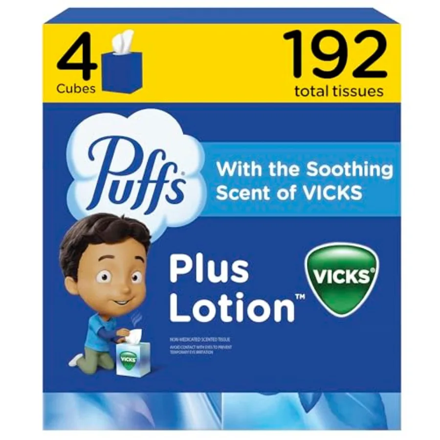 

Puffs Plus Lotion with Vicks Facial Tissues, 4 Cubes, 48 Tissues per Box 192 Tissues [Packaging May Vary
