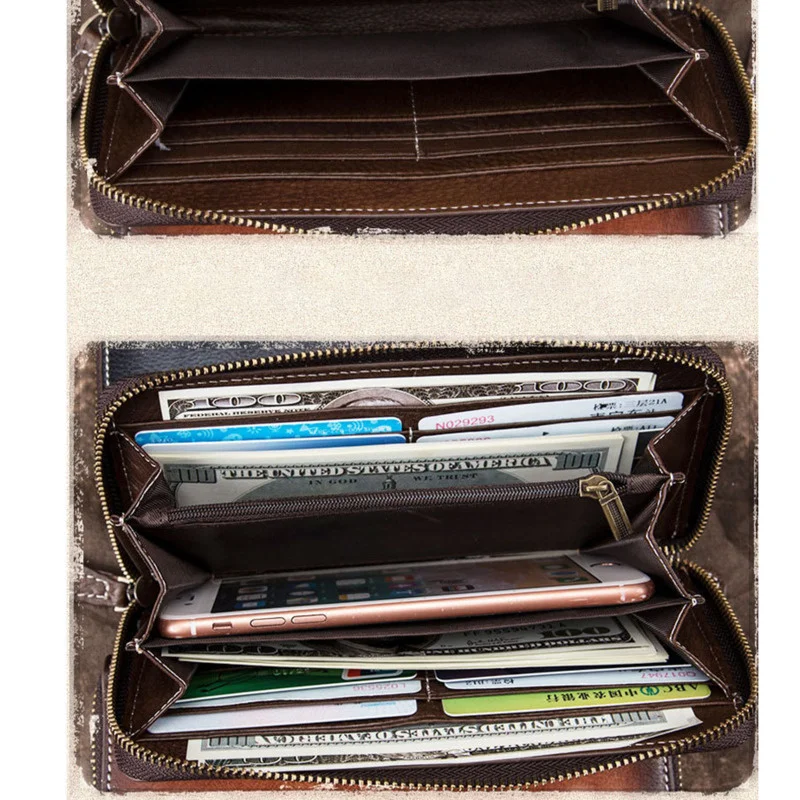 GAGACIA Men's Wallet Genuine Leather Zipper Clutch For Men Vintage Multi-function Cowhide Purse Retro Long Wallets Male Purses