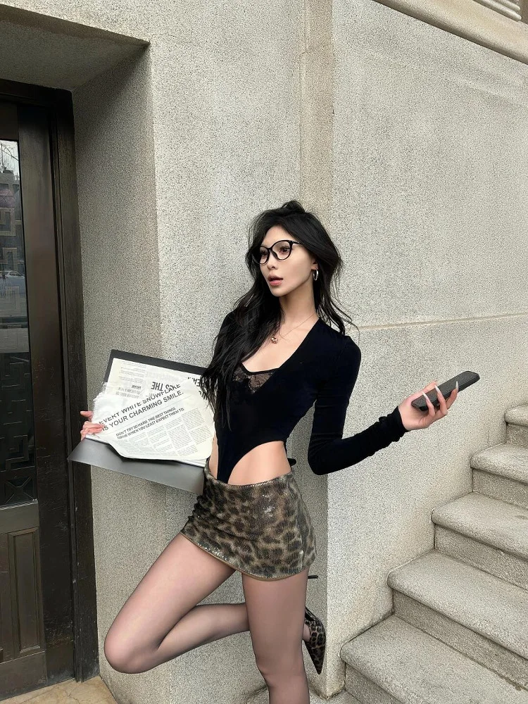 

Pure Desire Bla Long Sve Onesie, женская сексуальная пикантная кружевная футболка с v-образным вырезом, облегающий топ для поездок на работу, шелковый материал