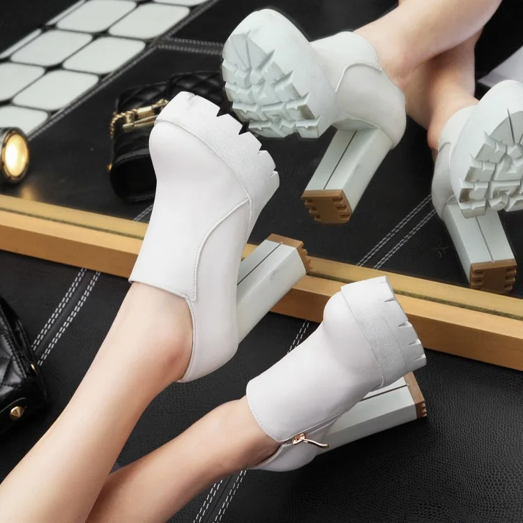 Women White Platform Ankle Boots Side Zipper Chunky Heel Leather Booties Gothic Punk Daily Shoes