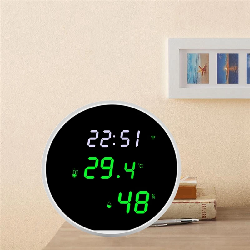Sensor de humedad y temperatura para interiores, alarma con pantalla LED, Wifi, función de reloj para el hogar, color blanco