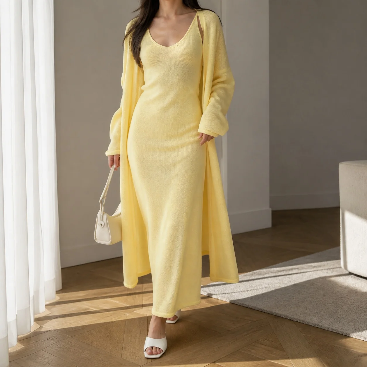 Women's Matching 3-Piece Dress Set: Casual Round Neck Long Sleeve Slim Fit Mohair Cardigan Pullover in Solid Ice Cream Color