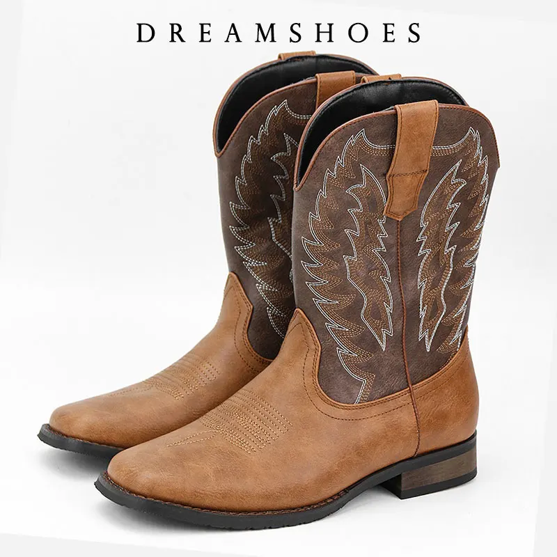 

Мужские ботинки до середины икры, мужские ботинки ручной работы в стиле ретро с вышивкой, ковбойские ботинки в стиле вестерн, ботинки с острым носком, уличная мужская обувь с ручной строчкой