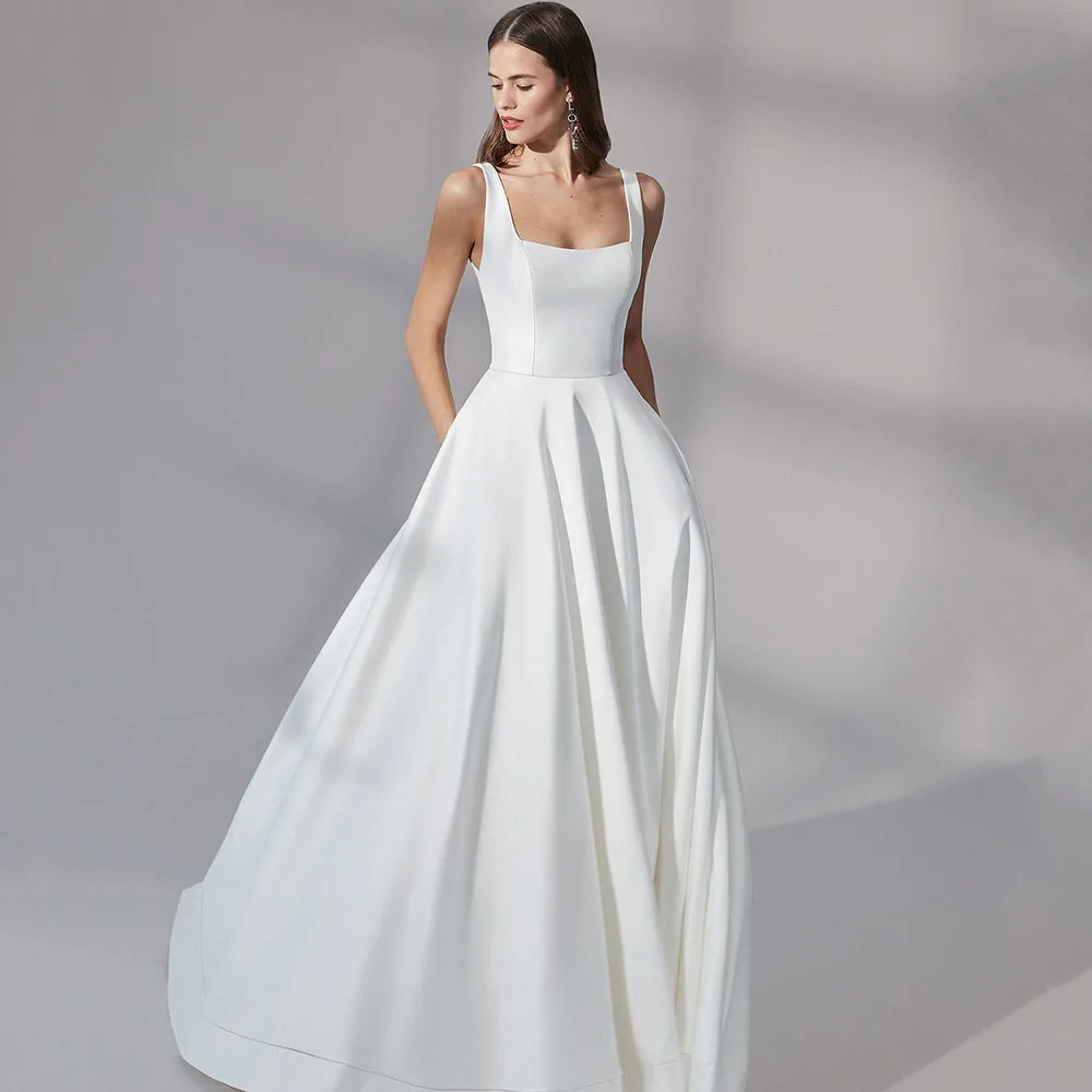 Classic Wedding Dress A-Line Square Collar Spaghetti Straps Formal Backless Customized Simple Vintage Backless Wedding Gown