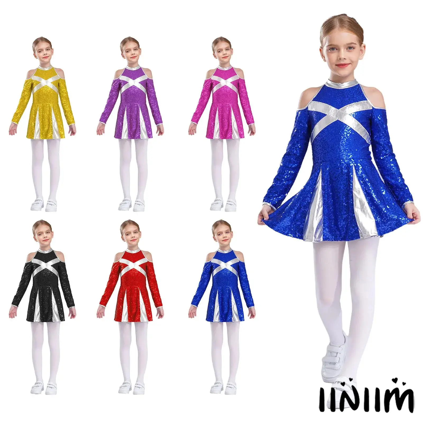 

Competition Cheer Outfit for Girls Sparkling Sequin Keyhole Back And Cold Shoulder Sleeves Dress for Lyrical Dance Performance