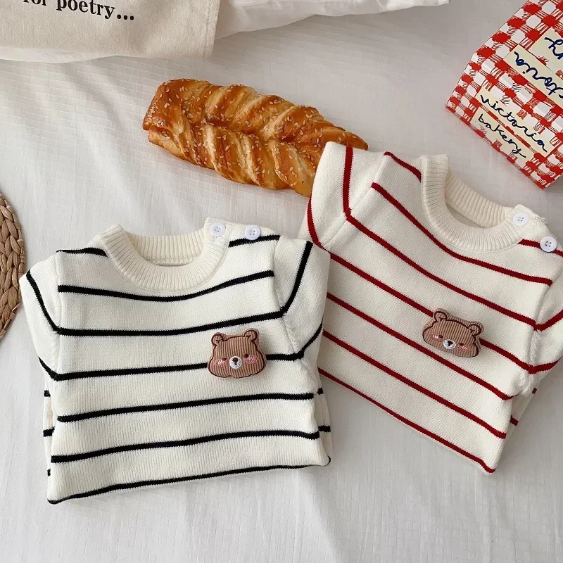 

2023 Autumn Newborn Baby Knitwear Romper 0-2Years Boy Girl Long Sleeve O-Neck Striped Sweater Jumpsuit Warm Winter Clothes