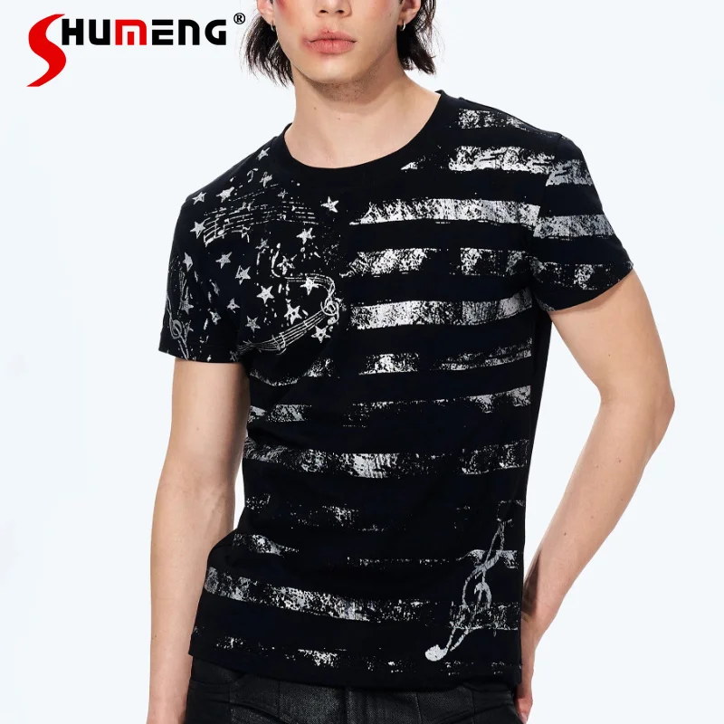 

Men's 2026 New High Street Short Sleeve Tops Fashion Printed T-Shirts Men's Stylish Round Neck Trendy Color Matching Cotton Tees