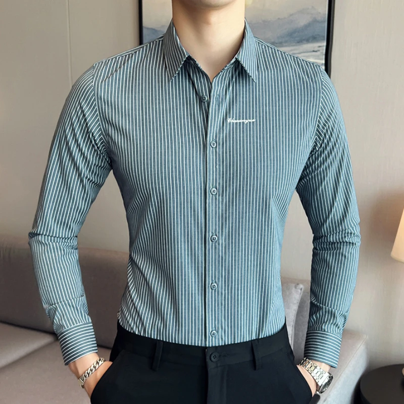 

High Quality Striped Shirts for Men Embroidered Casual Business Dress Shirt Slim Fit Long Sleeve Versatile Base Shirt Tops M-4XL