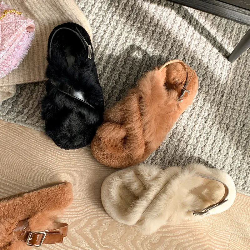 

Sandals Women New High Quality Real Rabbit Fur Soft Thick Bottom Winter Warm Woolly Slippers Outside Shoes