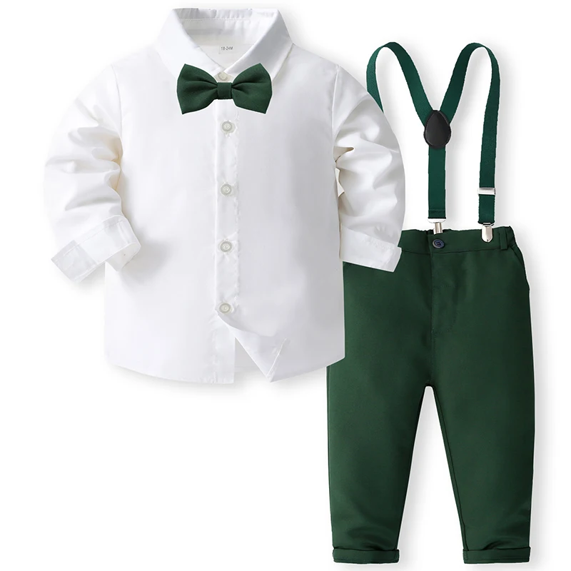 4Piece Spring Autumn Boys Sets Clothing Korean Outfit Fashion Gentleman White Baby Tops+Pants+Tie+Straps Kids Clothes BC1029-1