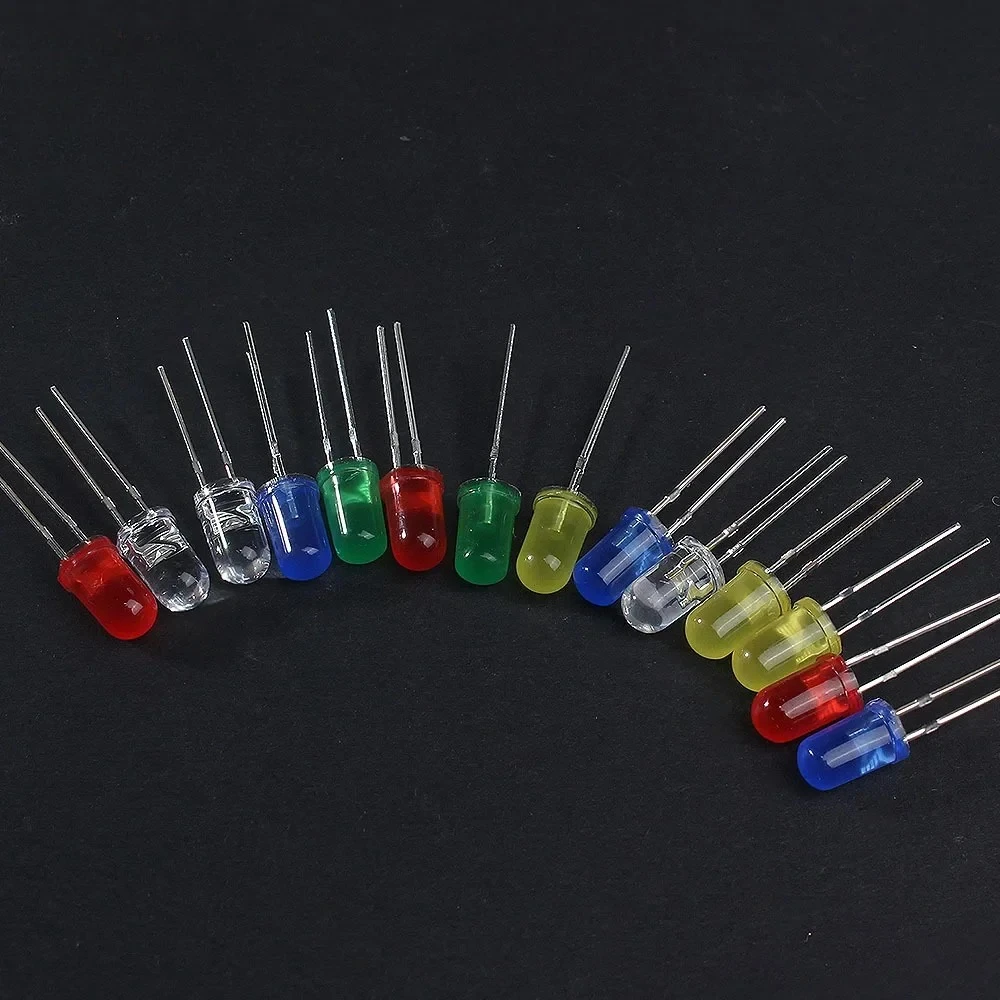 100pcs 5mm LED Diode F5 Ultra Bright Round LED Assortment Kit White Green Yellow Blue Red Light Emitting Diodes for Diy Kits