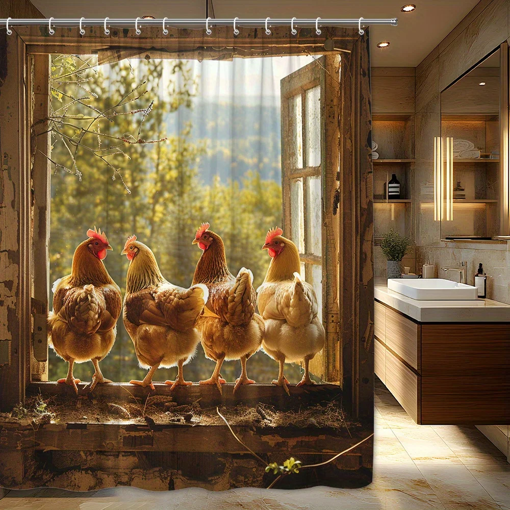 

Funny Chickens on Window Shower Curtain Waterproof Moisture Proof Privacy Protection Farm Design Rustic Country Bathroom Decor